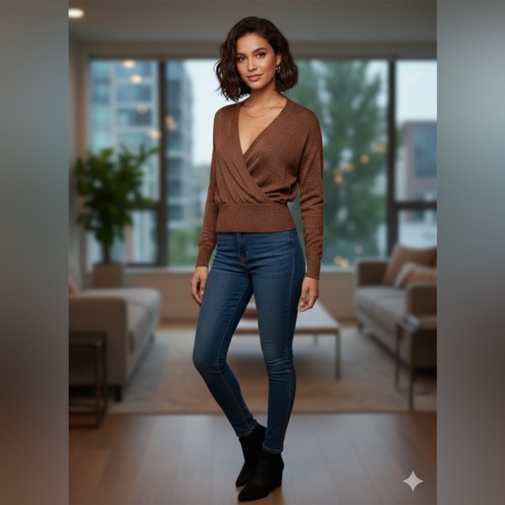 NWT Halogen Women’s X Small Metallic Brown Puff Sleeve Knit VNeck Sweater Top XS